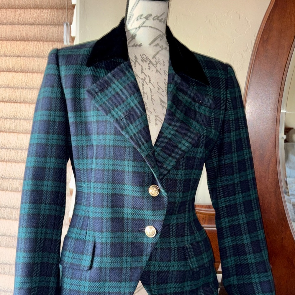 Green Plaid Blazer wool with Black Collar in velvet